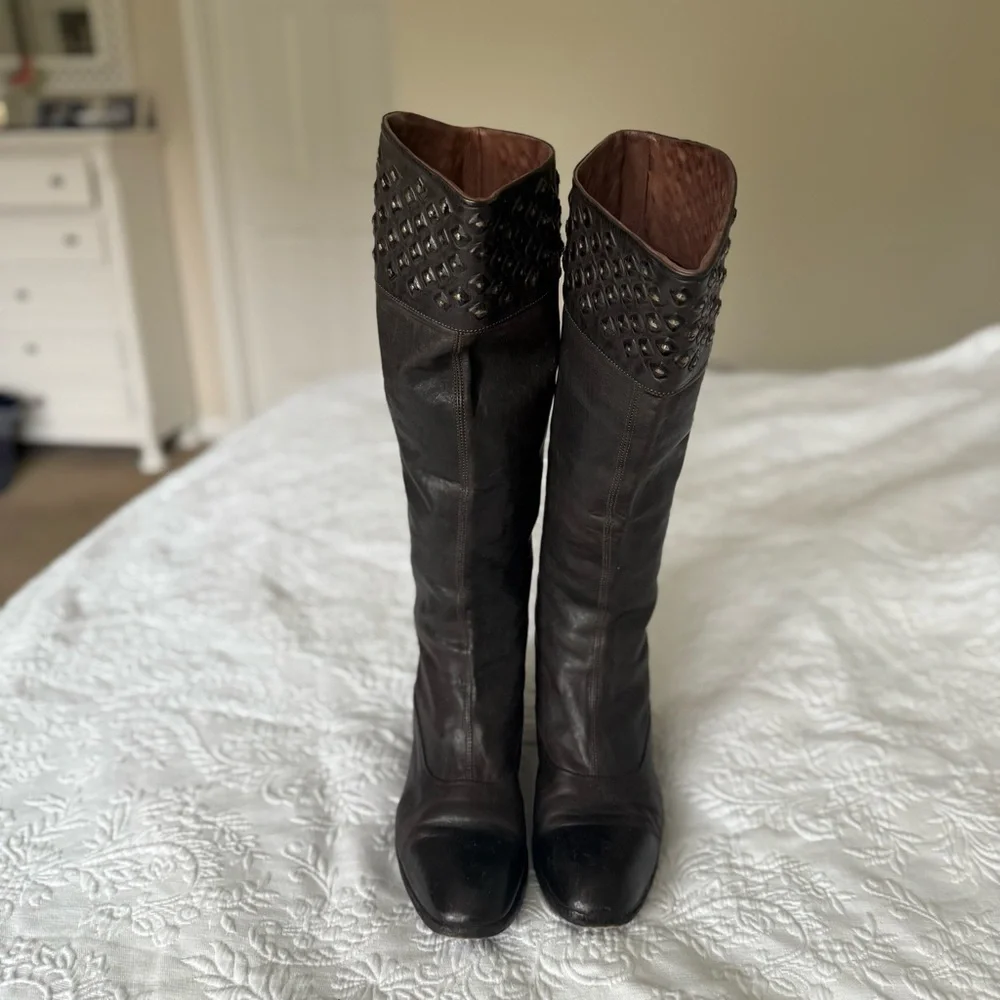 Alberto Fasciani Brown Leather Over the Knee Studded Riding Boots. Size …